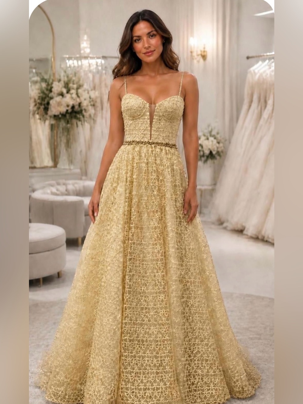 Elegant Ivory Lace A-Line Evening Dress with Deep V Bodice